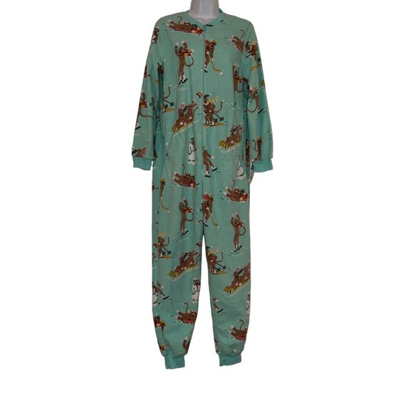 NWT Nick & Nora Pajamas Womens M Monkey Soft Fleece Unionsuit One Piece Green - Picture 1 of 11